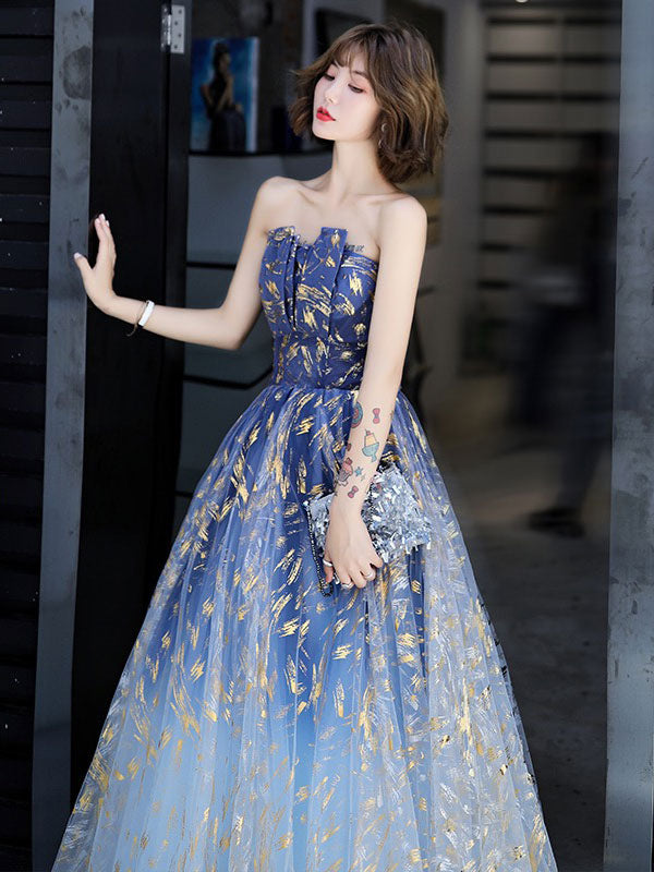 Charming Evening Dress A-Line Strapless Matte Satin Floor-Length Pleated Sequined evening dress-showprettydress