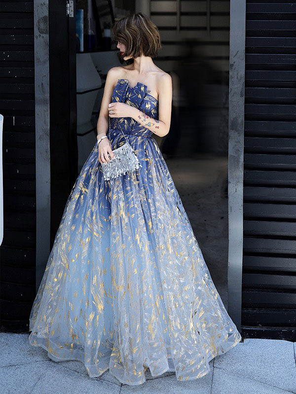 Charming Evening Dress A-Line Strapless Matte Satin Floor-Length Pleated Sequined evening dress-showprettydress