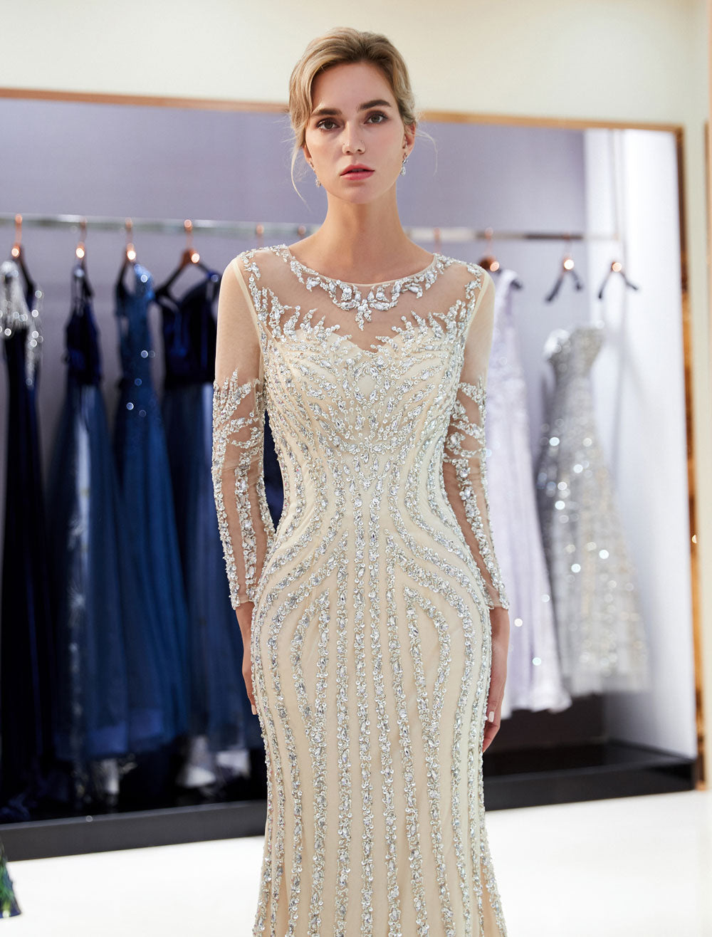 Charming Evening Dresses Long Sleeve Light Grey Mermaid Beading Illusion Luxury Formal Gowns-showprettydress