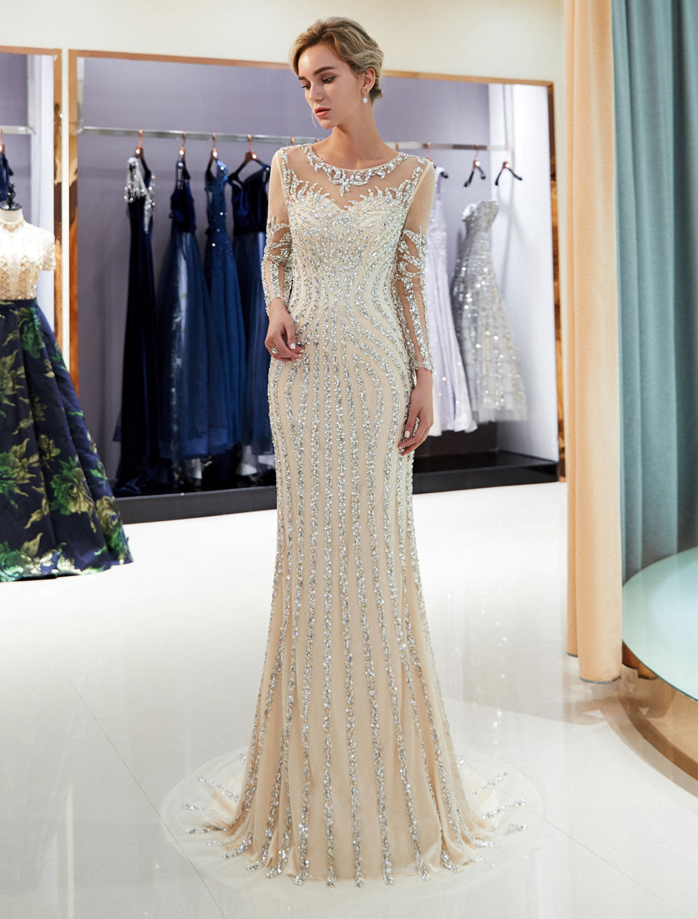 Charming Evening Dresses Long Sleeve Light Grey Mermaid Beading Illusion Luxury Formal Gowns-showprettydress