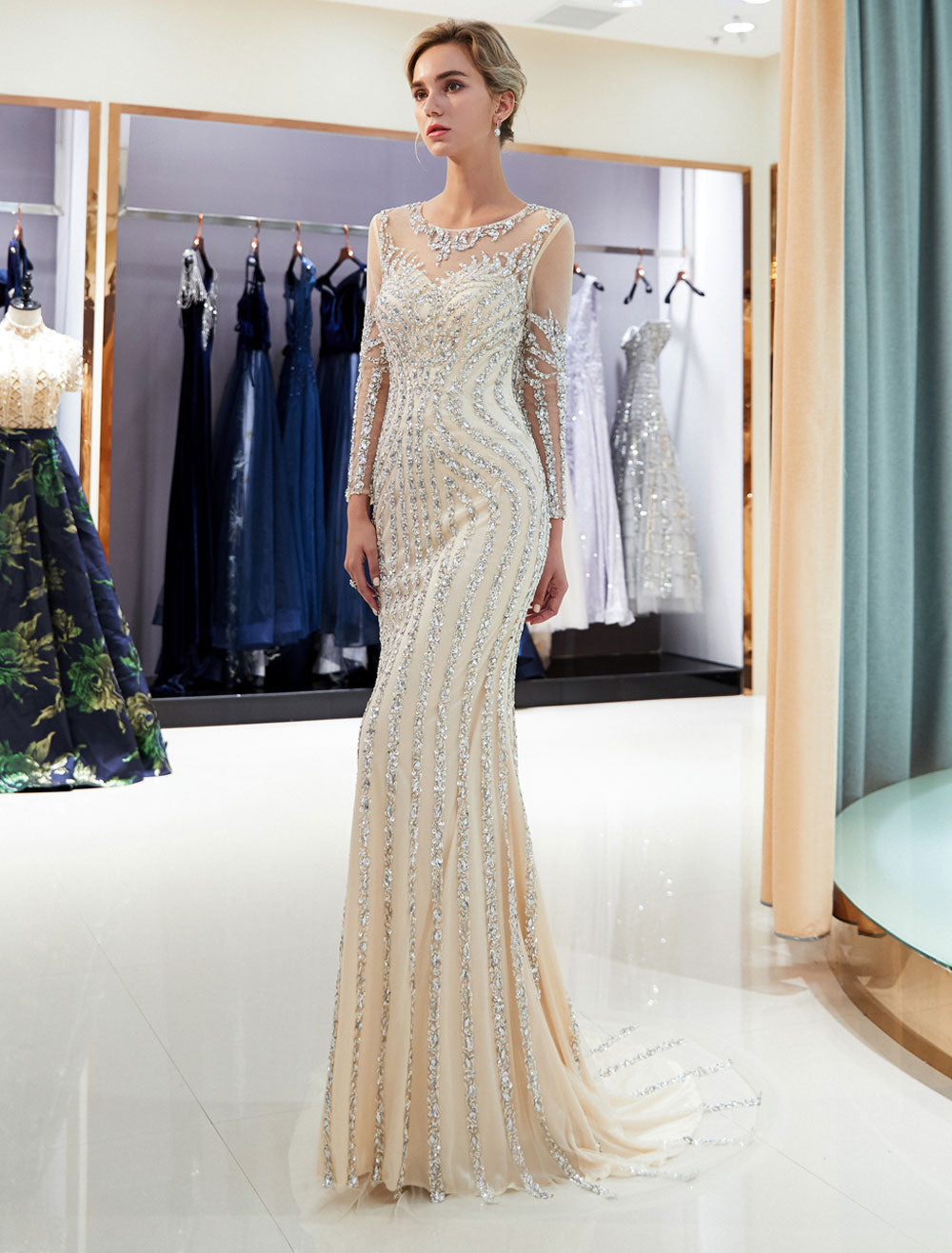Charming Evening Dresses Long Sleeve Light Grey Mermaid Beading Illusion Luxury Formal Gowns-showprettydress