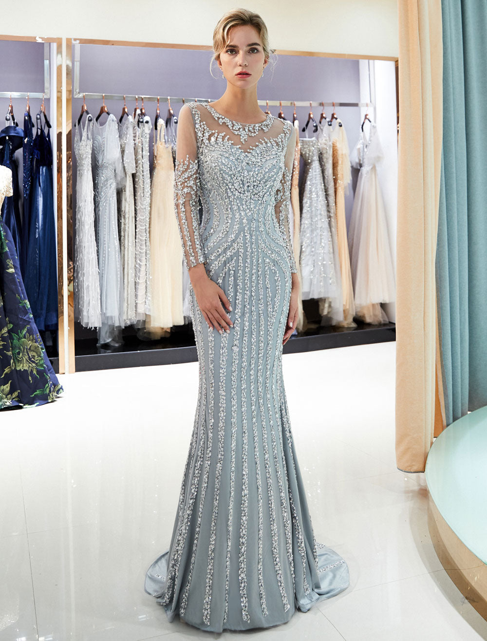 Charming Evening Dresses Long Sleeve Light Grey Mermaid Beading Illusion Luxury Formal Gowns-showprettydress