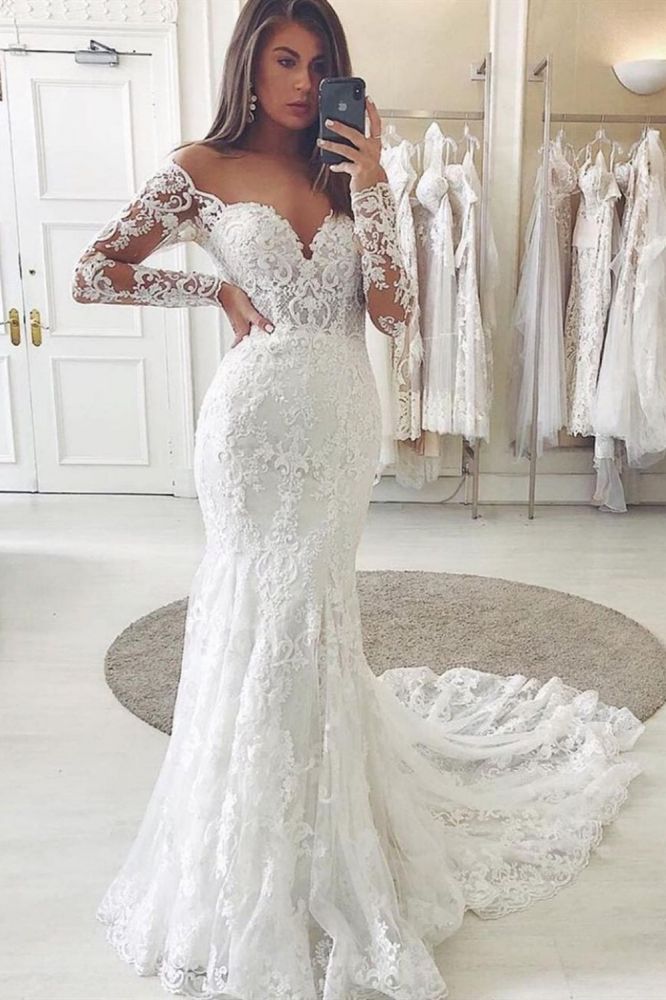 knee length dresses for ladies Charming Lace Appliques Mermaid Wedding Gown Long Sleeves Sweetheart Bridal  Dress