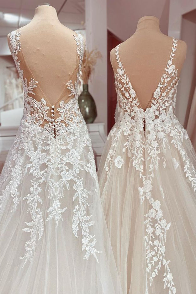 Charming Long A-Line V-neck Appliques Lace Tulle Wedding Dress-showprettydress