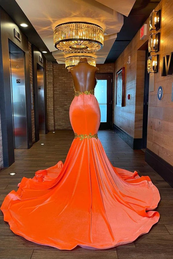 Charming Long Mermaid Halter Sleeveless Backless Prom Dress With Gold Beading-showprettydress
