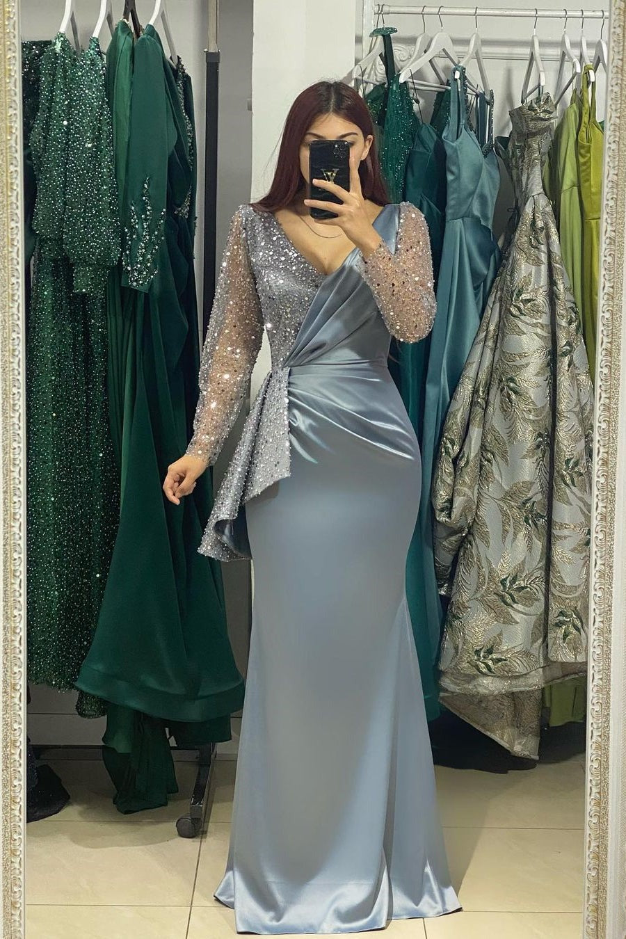 Charming Long V-Neck Mermaid Satin Prom Dress With Sleeves-showprettydress