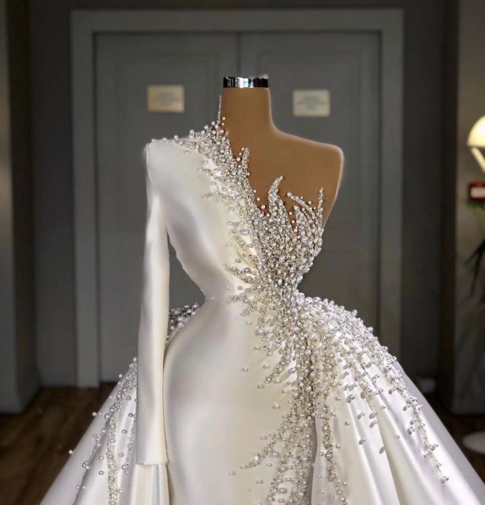 Charming One Shoulder Satin Mermaid Bridal Gowns Pearls Beading Party Gowns-showprettydress