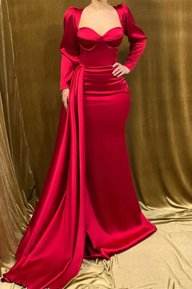 Charming Red Long Mermaid Strapless Satin Evening Prom Dresses With Sleeves-showprettydress