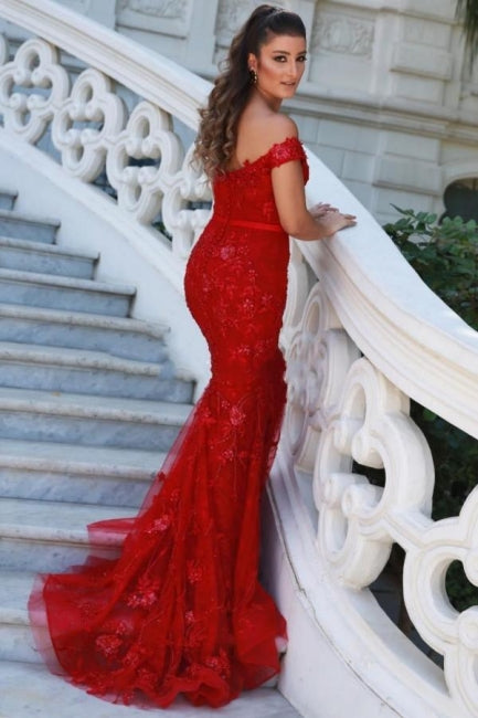 Charming Red Off-the-shoulder Mermaid Long Prom Dresses with Glitter-showprettydress