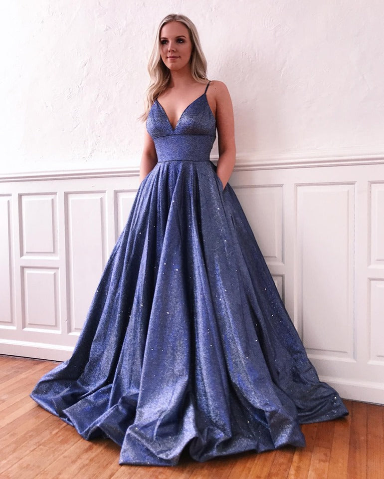 Charming Spaghetti strap Stromy Blue, Mauve Chic Sequined Prom Party Gowns-showprettydress