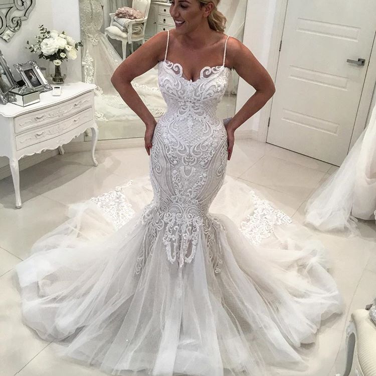 Charming Spaghetti Straps Lace Wedding DressesNew Arrival Mermaid Long Tulle Bridal Gowns-showprettydress