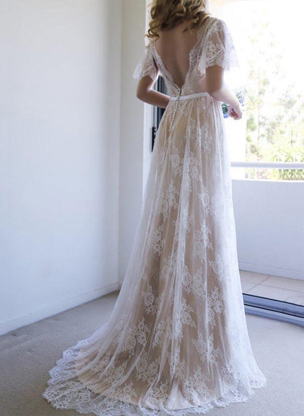 Chic A-line Lace V-Neck Sweep Train Wedding Dress Lace-Showprettydress