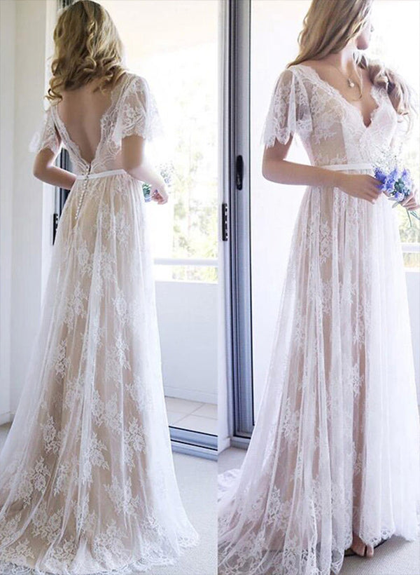 Chic A-line Lace V-Neck Sweep Train Wedding Dress Lace-Showprettydress