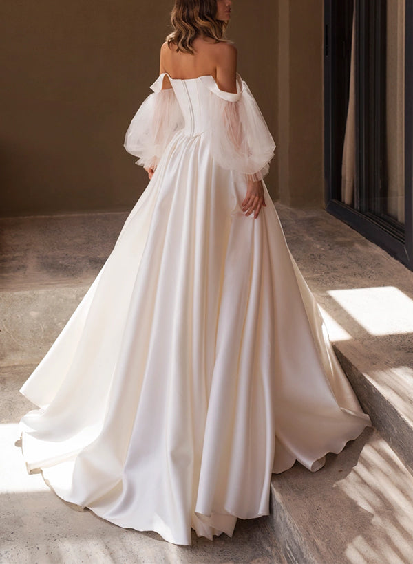 Chic A-line Off-The-Shoulder Long Sleeves Satin Wedding Dresses Pleated-Showprettydress