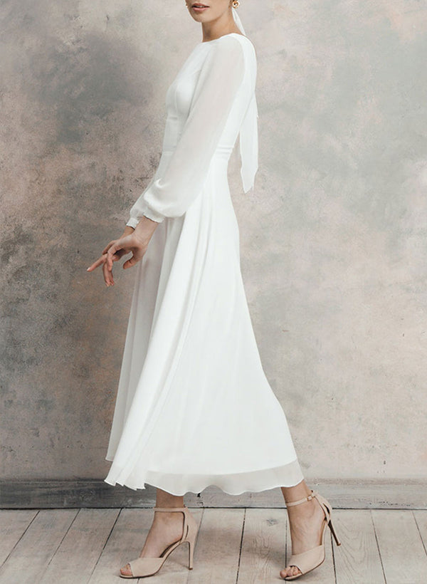 Chic A-line Scoop Neck Long Sleeves Chiffon Ankle-Length Wedding Dress Ruffle-Showprettydress
