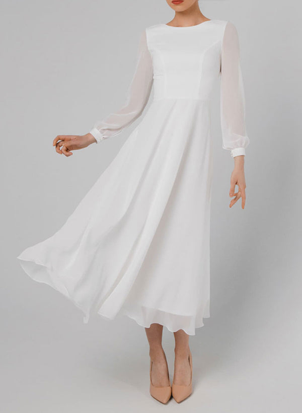 Chic A-line Scoop Neck Long Sleeves Chiffon Ankle-Length Wedding Dress Ruffle-Showprettydress