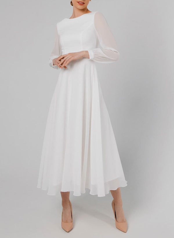 Chic A-line Scoop Neck Long Sleeves Chiffon Ankle-Length Wedding Dress Ruffle-Showprettydress
