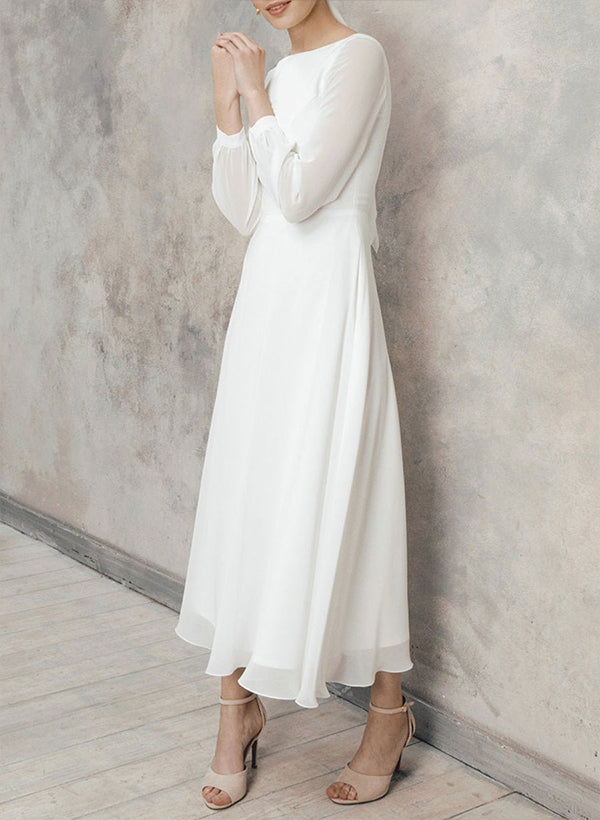 Chic A-line Scoop Neck Long Sleeves Chiffon Ankle-Length Wedding Dress Ruffle-Showprettydress