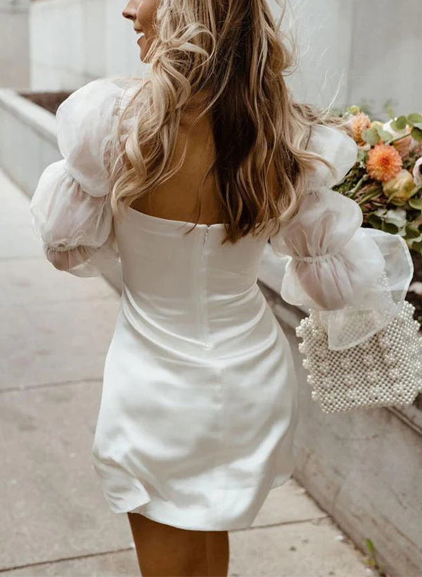 Chic A-line Square Neckline Little White Satin Tulle Wedding Dresses Long Sleeves-Showprettydress