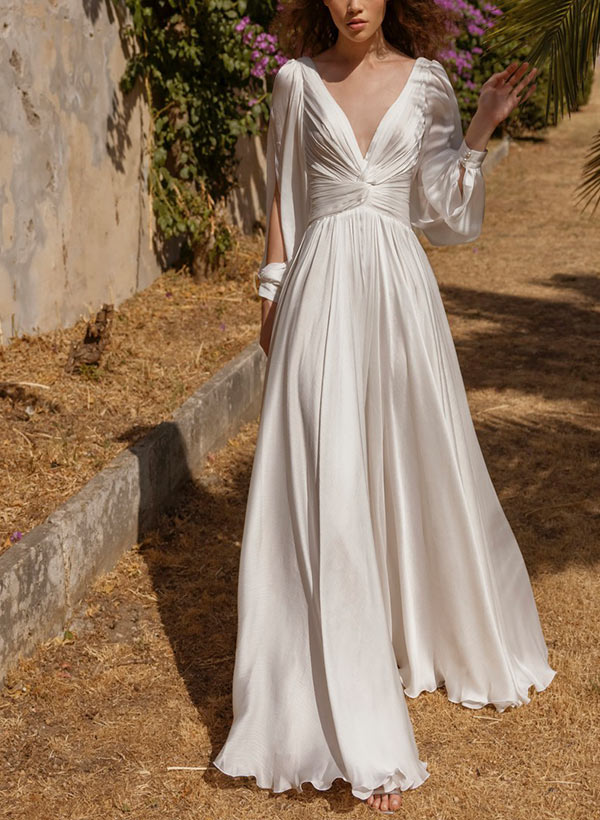 Chic A-line V-Neck Long Sleeves Floor-Length Wedding Dress in Silk Like Satin-Showprettydress