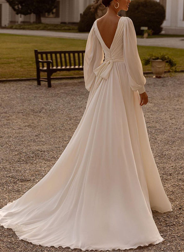 Chic A-line V-Neck Long Sleeves Sweep Train Chiffon Wedding Dresses Sash-Showprettydress
