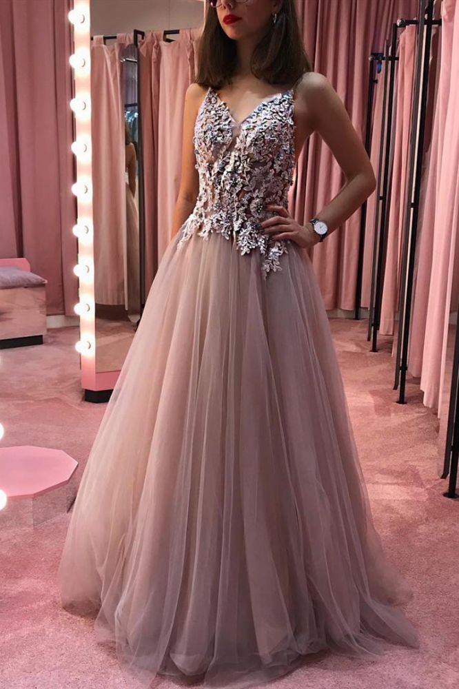 Chic Appliques Beading See Through Bodice Sleeveless Straps Long Prom Gown-showprettydress