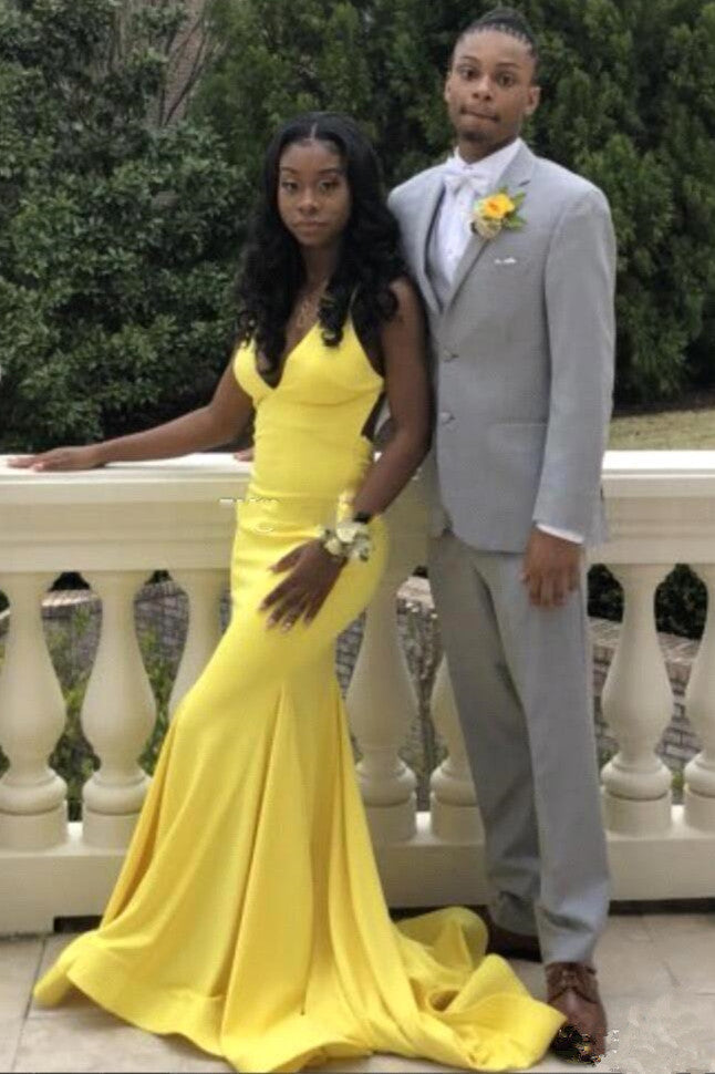 Chic Backless V-neck daffodil Affordable Mermaid Prom Party Gowns on Sale-showprettydress
