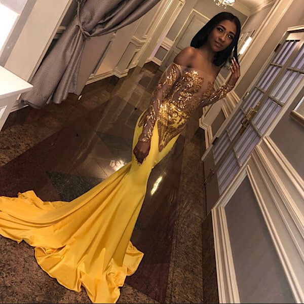 Chic Bandeau Applique Satin Off Shoulder Long Sleeves Mermaid Slim Prom Party Gown-showprettydress