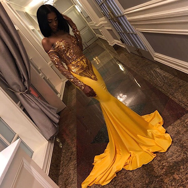 Chic Bandeau Applique Satin Off Shoulder Long Sleeves Mermaid Slim Prom Party Gown-showprettydress