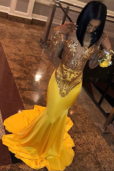 Chic Bandeau Applique Satin Off Shoulder Long Sleeves Mermaid Slim Prom Party Gown-showprettydress