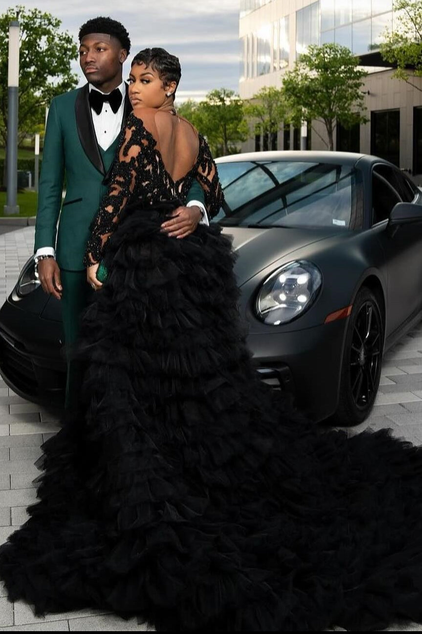 Chic Black Long Sleeves Tiered Open Back Side Slit Prom Dress-showprettydress