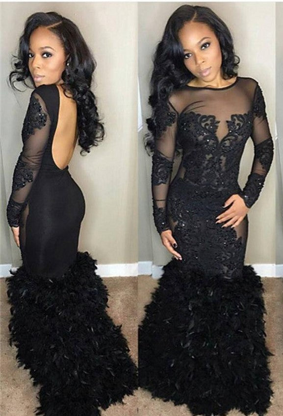 Chic Black Mermaid Prom Party Gowns| Long Sleeves Lace Evening Gowns-showprettydress