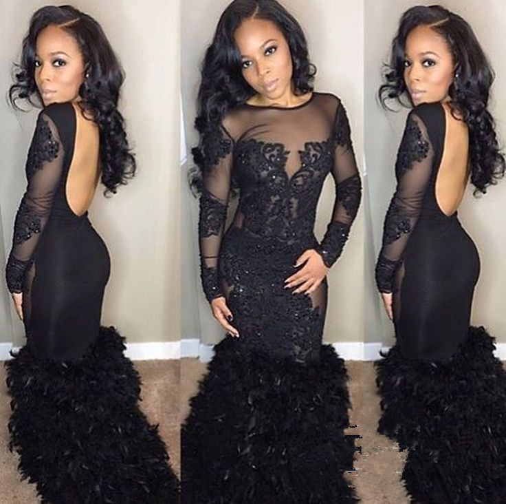 Chic Black Mermaid Prom Party Gowns| Long Sleeves Lace Evening Gowns-showprettydress