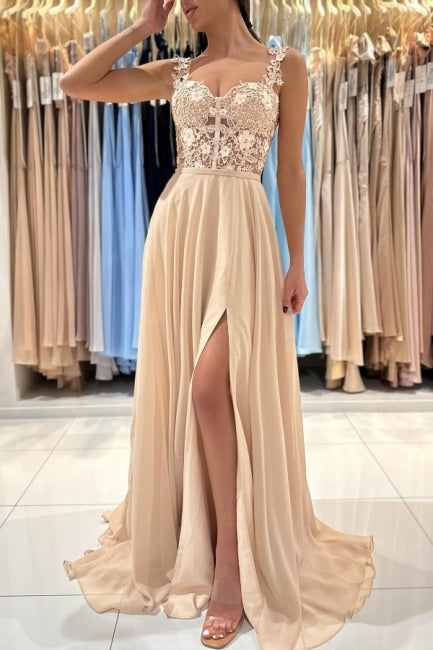 Chic Champagne Long A-line Sleeveless Chiffon Lace Prom Dress With Slit-showprettydress