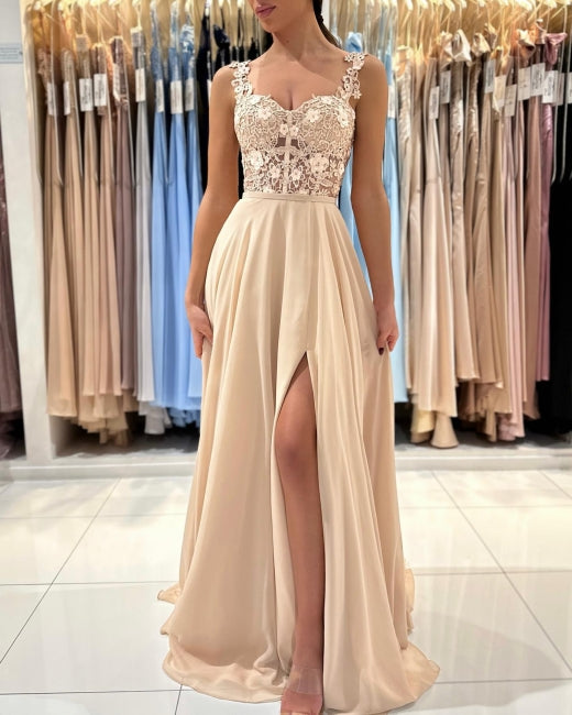 Chic Champagne Long A-line Sleeveless Chiffon Lace Prom Dress With Slit-showprettydress
