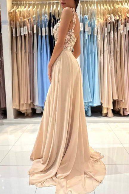 Chic Champagne Long A-line Sleeveless Chiffon Lace Prom Dress With Slit-showprettydress