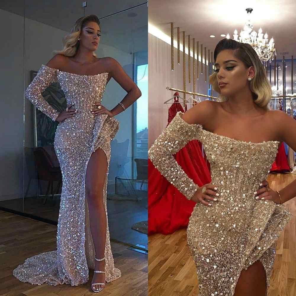 Chic Crystal Beading One-shoulder Strapless Slit Mermaid Sequins Prom Gowns-showprettydress