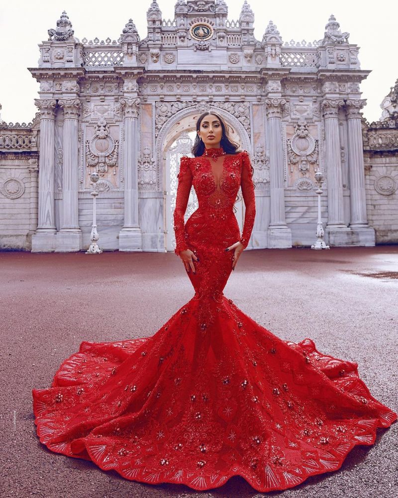 Chic Floor Length Mermaid Prom Gown Crystals Long Sleeves Sweep Train Party Gowns-showprettydress