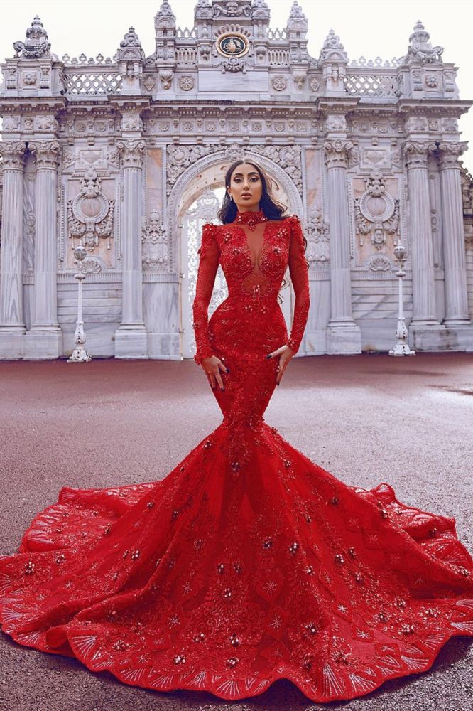 Chic Floor Length Mermaid Prom Gown Crystals Long Sleeves Sweep Train Party Gowns-showprettydress