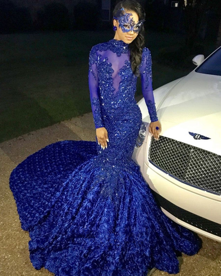 Chic Flowers Royal Blue Prom Party Gowns| Long Sleeves Prom Party Gowns-showprettydress