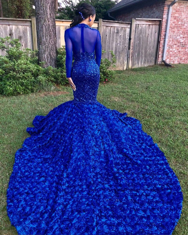 Chic Flowers Royal Blue Prom Party Gowns| Long Sleeves Prom Party Gowns-showprettydress