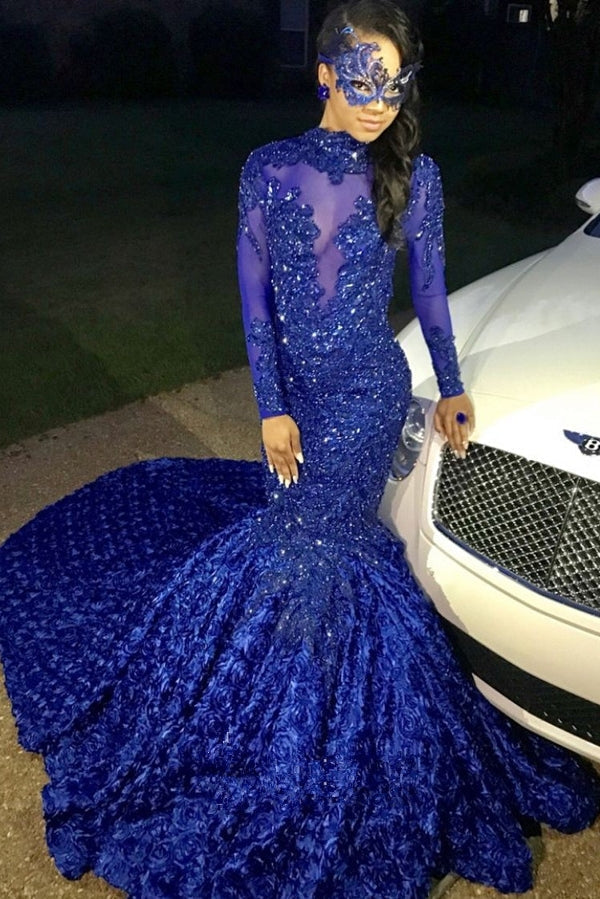 Chic Flowers Royal Blue Prom Party Gowns| Long Sleeves Prom Party Gowns-showprettydress