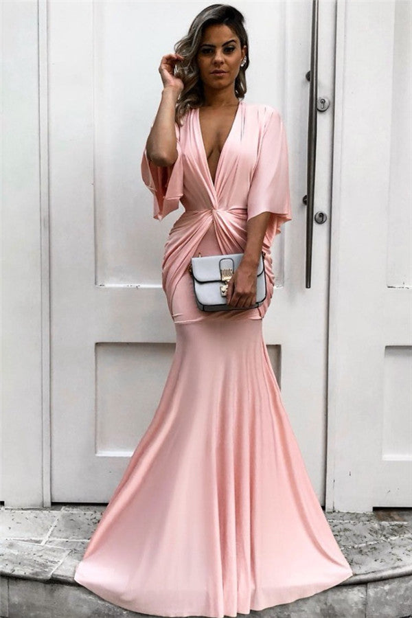 Chic Half Sleeves Deep V-neck Pink Evening Dresses Chic Mermaid Formal Dresses with Pleats-showprettydress