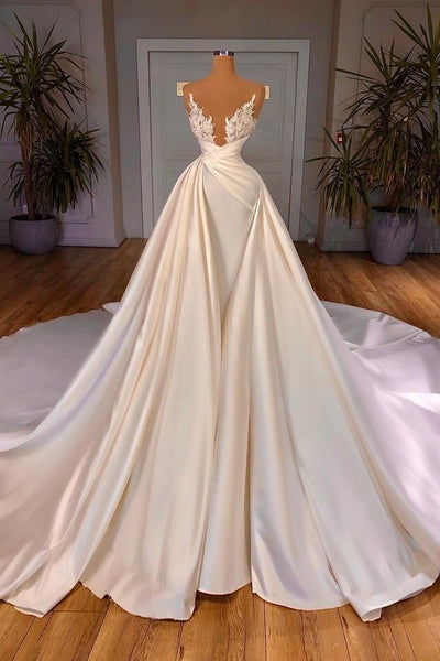 Chic Long A-line Cathedral Sleeveless V-neck Satin Wedding Dresses Chic Long A-line Cathedral Sleeveless V-neck Satin Wedding Dresses