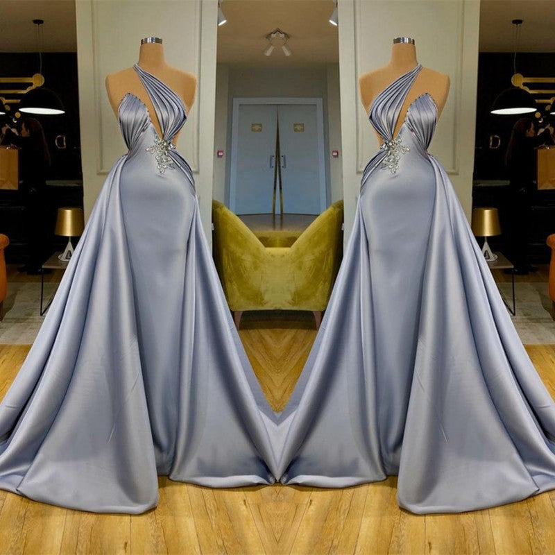 Chic Long Mermaid Halter Beadings Satin Evening Dress With Detachable Skirt-showprettydress