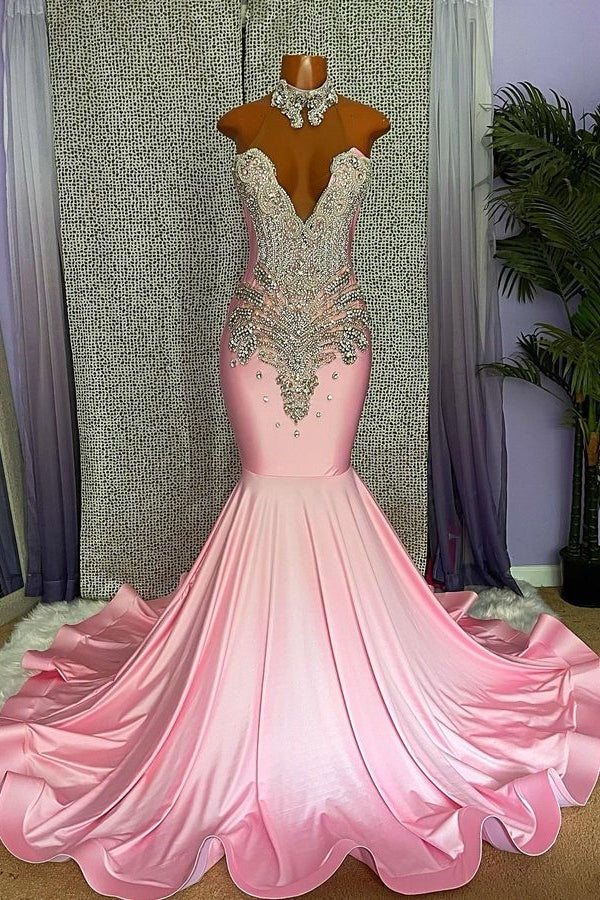 Chic Long Mermaid High-neck Sleeveless Formal Prom Dresses With Beading-showprettydress