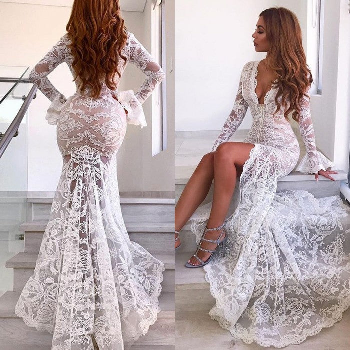 Chic Long Sleeves V-Neck Prom Party Gowns| Lace Evening Party Dress With Slit-showprettydress
