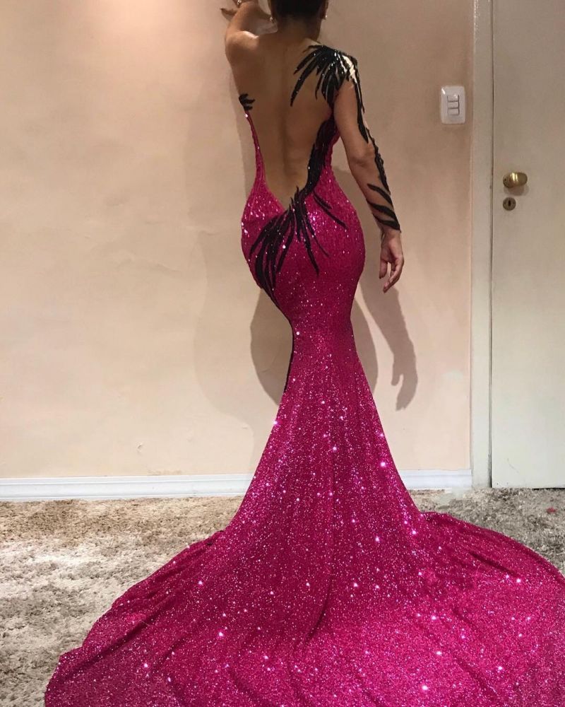 Chic Mermaid Evening Dresses One Sleeve Open Back Pageant Dress-showprettydress
