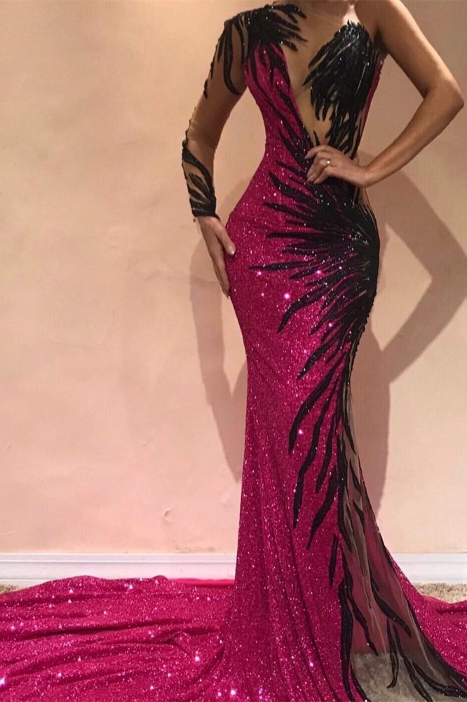 Chic Mermaid Evening Dresses One Sleeve Open Back Pageant Dress-showprettydress