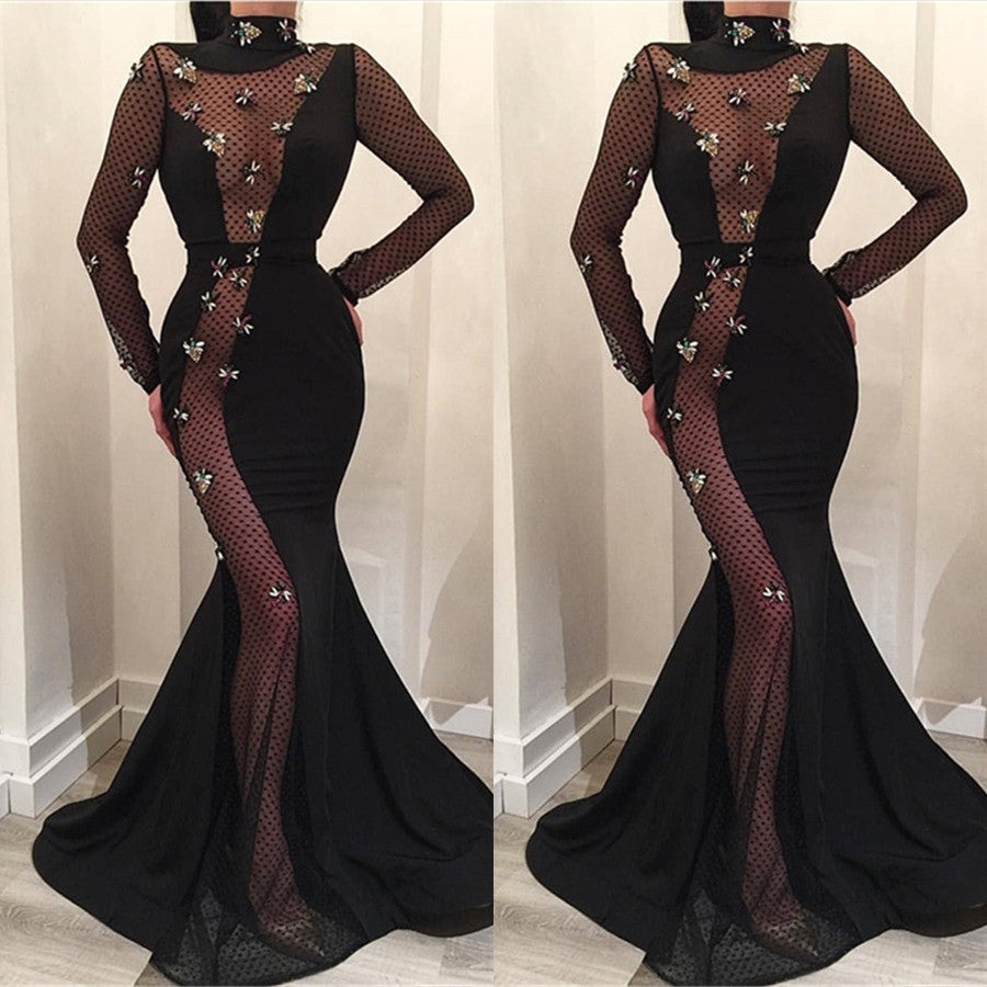 Chic Mermaid High-Neck Long-Sleeves Prom Party Gowns-showprettydress